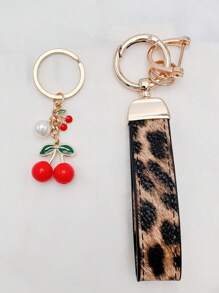 1 Set Fashionable Leopard Print Car Key Chain + Cute Cherry Pendant, Suitable As Bag Accessory Gift For Friends And Girlfriends Christmas