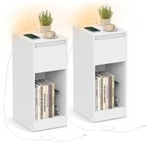 VASAGLE Table de Chevet Étroite, Table d'Appoint, avec Éclairage LED, 1 Port USB-A, 1 Port USB-C, Tiroir et Compartiment Ouvert, pour Chambre, Salon, Blanc Nuage - Blanc - Voir 6