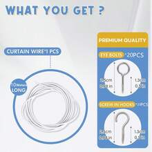 ASIWUJING Net Curtain Wire And Hooks Set, 10M Net Curtain Wire With 20pcs Eye Bolts And 20pcs Screw-In Hooks For Net Curtain Rod… - White - View 8
