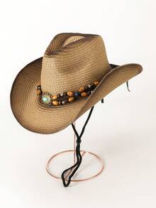 1 件休闲公牛星图案波西米亚铆钉蝴蝶结草编太阳帽，时尚百搭海滩度假遮阳帽，适合所有季节