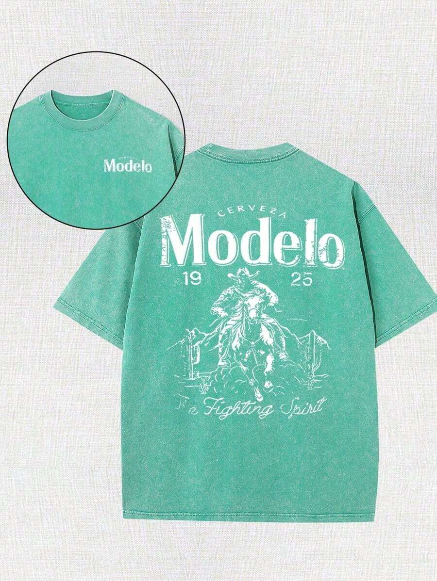 Men Shirts Modelo Men's Washing Cotton T-Shirt, Cotton, Casual Sports Style T Blood, Fashionable Street Style, Suitable For Travel And Sportswear, Men Clothes - 草綠色 - 查看 1