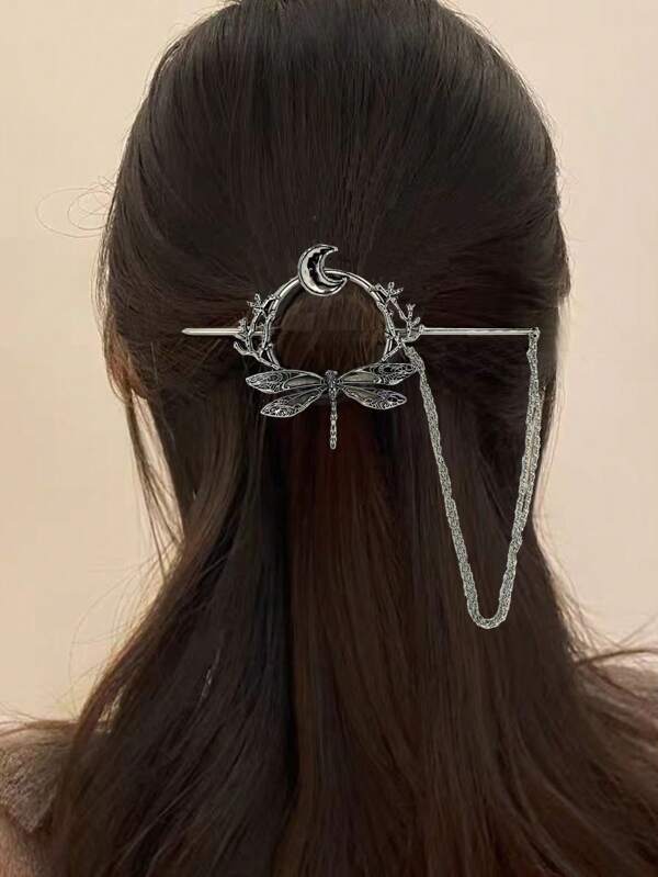 1pc Metal Forest Dragonfly & Crescent Moon Insect Hair Clip Decoration, Suitable As Holiday Gift, Bun Extension, Bun Hair Piece, Hair Bun Maker, Hair Styling Pins, Bobby Pins, Hair Accessories, School Stuff, Elegant, Hairpin