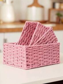 1pc/3pcs Handmade Woven Storage Basket, Tabletop Organizer Tray For Cosmetics, Keys, Snacks, Home Decor, Bedroom, Living Room, Study, Office, Valentine's Day Gift, S/M/L Size Available - Pink - View 2