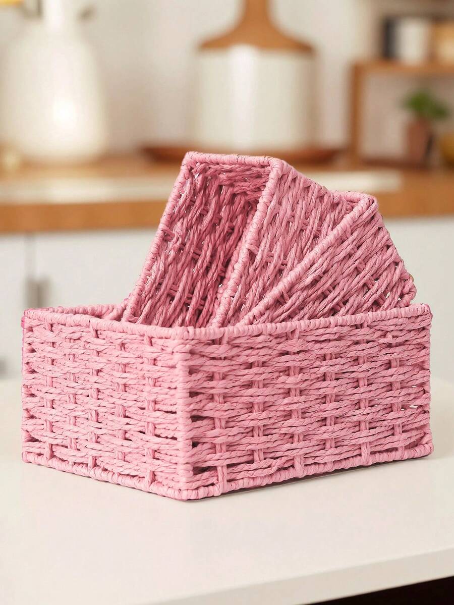 1pc/3pcs Handmade Woven Storage Basket, Tabletop Organizer Tray For Cosmetics, Keys, Snacks, Home Decor, Bedroom, Living Room, Study, Office, Valentine's Day Gift, S/M/L Size Available