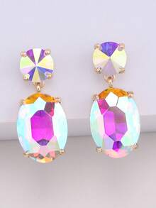 ACEHLN 1 对北美风格锌合金圆形耳钉，配椭圆形玻璃吊坠，钻石装饰女士婚礼/正式耳环 - Style 1 - 查看 16