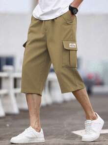 1 件青少年男孩宽松休闲工装短裤，百搭及膝口袋印花短裤，春夏秋季 - 卡其色 - 查看 1