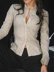 复古性感束身开衫，长袖条纹可爱美丽休闲优雅衬衫上衣，适合女士春夏假日/情人节穿着 - 灰白 - 查看 4