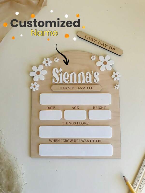 1 pieza Señal personalizable para el primer día de clases - Personalizada con nombre y fecha, accesorio fotográfico de borrado en seco, perfecta para fotos escolares, decoración de regreso a clases, excelente para celebraciones de Año Nuevo Escolar