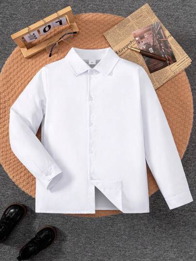 Classic Casual College Style White Long Sleeve Shirt, Suitable For Boys - Formal Activities Like Parties, Performances, Pageant Etc.