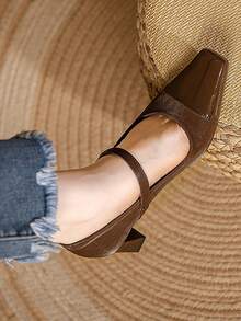 女士新款便捷魔术贴高跟鞋，粗跟舒适方头时尚春秋百搭中跟玛丽珍工作办公鞋，黑色，优雅 - 棕色 - 查看 8