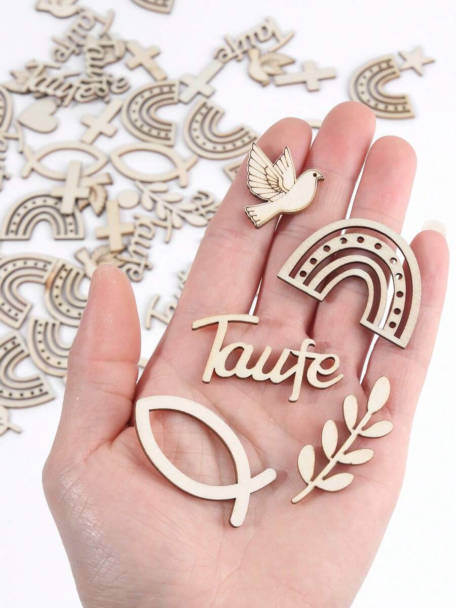 180pcs/Pack Colorful Wooden Confetti, Featuring Rainbow, Dove, Fish, Cross, Branch, And Dot Patterns, Suitable For Baptism, Birth, Communion, Naming Ceremony, Confirmation, As Well As Party Favors Or Decorations - Wood - View 1