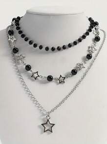 Set da 3 collane in stile bohémien con perle finte nere a forma di croce/pentagramma, con cristalli e perline, include collane a forma di stella, cuore e motivi gotici, adatto a amiche, sorelle, donne, per uso quotidiano