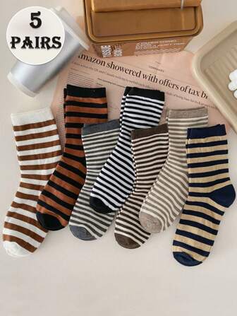 5 Pairs Women's Striped Retro Personalized Fashion Simple Versatile Comfortable Soft Mid-Calf Socks, Suitable For Daily Wear