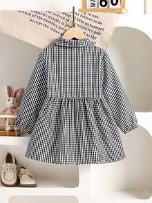 1pc Girls' Spring/Autumn New Plaid Collar Long Sleeve Dress, Fitted & Comfortable Fashion Warm Casual Childrenswear - Black and White - View 2