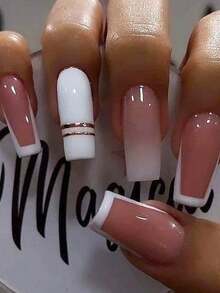 24入組法式銀色閃粉指甲貼紙，指甲藝術貼紙，可佩戴裝飾；包括24份果凍膠和1個指甲磨光器，適用於日常佩戴和相配的貼上式指甲，適用於指甲用品 - 淺粉色 - 查看 13