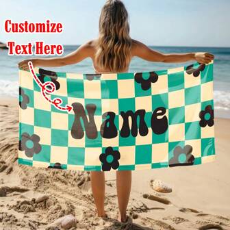 70s RETRO Two Tone Checker Personalized Beach Towel Personalized Name Bath Towel Custom Beach Towel With Name Outside Birthday Vacation Gift