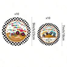 10/20/40/50pcs, Monster Truck Party Tableware Set Monster Truck 7 Inch/9 Inch Plate Car Birthday Party Supplies Decoration Black And White Plaid Theme Birthday Supplies Monster Truck Theme Paper Plates, Napkins And Cups Set, Disposable Party Tableware For Kids Birthday Party, Family Picnic - Multicolor - View 2