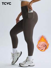 TCVC 女式纯色高腰口袋紧身裤，休闲舒适，亲肤透气腹部，瑜伽/健身紧身裤，四季运动