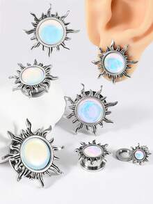 1Pair Retro Shiny White Flash Sun Saddle Ear Plugs Tunnels Stainless Steel Pulley Thread Ear Strengther Gauge Expander Weight Piercing Body Jewelry - 1 Pair Of White Flash Sun Ear Expansion - View 2