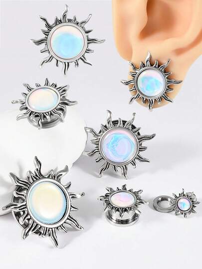 1 Par de Tapones de oreja con polea de acero inoxidable y diseño retro brillante blanco y destellos, expansores de túnel para perforaciones en el Body