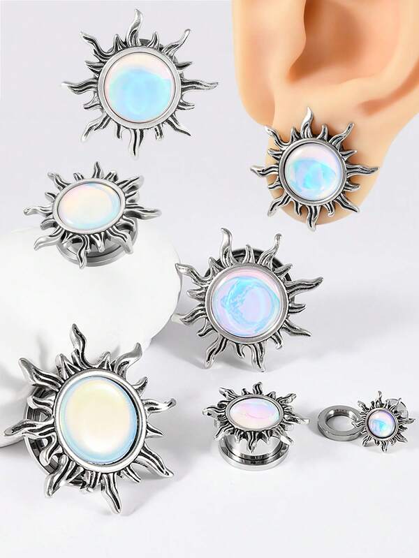 1 Par de Tapones de oreja con polea de acero inoxidable y diseño retro brillante blanco y destellos, expansores de túnel para perforaciones en el Body