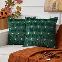 1 pezzo Federa decorativa per cuscino ricamata a motivo di zucca di Ognissanti, in morbida lana sintetica, adatta per casa, divano, camera da letto, sedia - Verde - Visualizzare 3