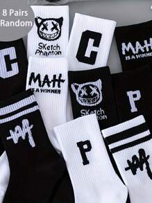 8 pares de calcetines versátiles hasta el tobillo con estampados surtidos de caras de fantasma y letras en negro y blanco