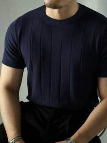 男士百搭短袖休闲针织上衣 - 藏蓝色 - 查看 3