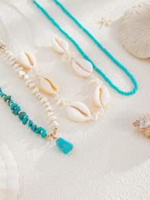 3pcs Fashionable Minimalist Turquoise, Shell, Starfish Beaded Necklace Set, Suitable For Men's Daily Wear