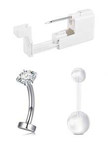 3Pcs Belly Button Piercing Kit Gun, Professional Body Piercing Kit, Belly Button Piercing Gun Navel Piercing Kit For Women, Disposable Belly Piercing Gun At Home With Belly Button Rings