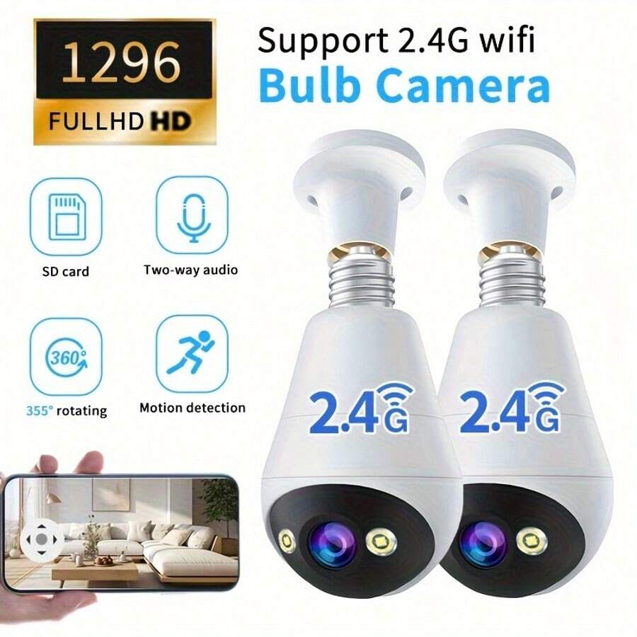 1080P 2.4G WiFi 球形摄像头，360° PTZ 全景智能家居 IP 摄像头，E27 灯座，室内/室外通用，家庭安防监控，双向语音通话，移动侦测报警，全彩夜视，自动警报通知，您值得信赖的家庭安全助手 - 白黑色 - 查看 1