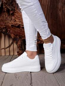 Classic Round Toe Casual Sneakers, White Lace-Up Thick Sole Comfortable Breathable Sport Shoes, Suitable For School, Campus, Sports, Spring/Autumn - White - View 3