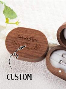 1PC Personalized Walnut Double Ring Box – Custom Engraved Oval Or Square Wooden Ring Holder For Engagement, Wedding Proposal, Anniversary, Or Valentine's Day Gift