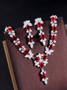 1 Set Elegant Silver Plated Cubic Zirconia Red Oval Leaf Tennis Earrings & Necklace CZ Jewelry Set For Brides, Engagement, Banquet, Party, Women, Ladies, Bridesmaids, Girlfriends, Mother Gift