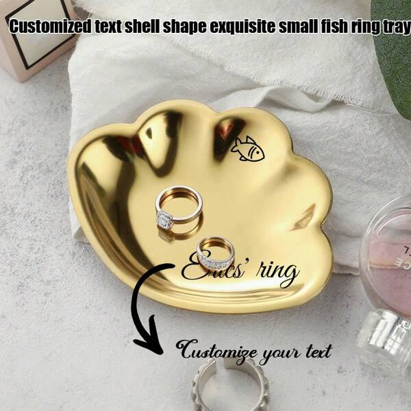 1pc Customized Text Shell Shaped Delicate Small Fish Ring Tray, High-Quality Stainless Steel Jewelry Storage Dish With Personalized Small Fish Logo, Elegant Shell Shaped Ring Holder