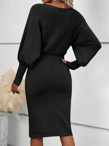 Women's Short Knitted Dress With Long Batwing Sleeves, Open Neckline, And Waist Fit. - Black - View 3