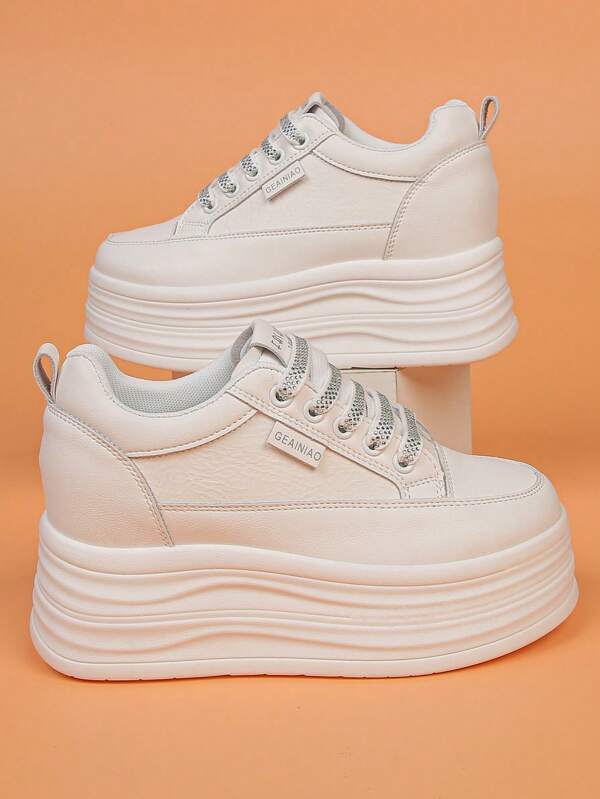 Women's Platform Sneakers, Preppy College Style Rhinestone Fashion Versatile Chunky Sole Elevator Casual Sports Shoes, Outdoor
