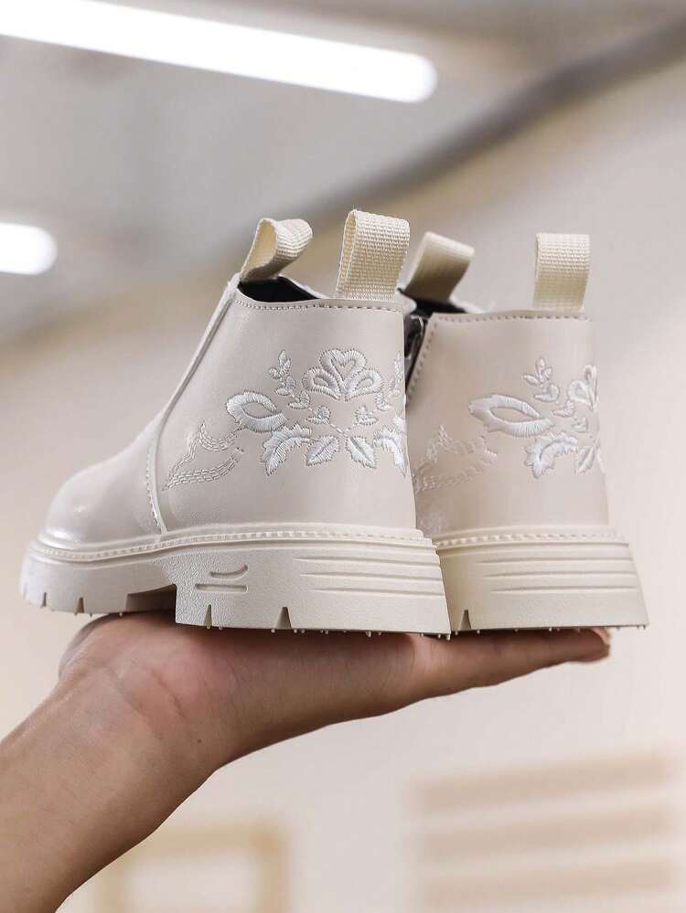 1 双女童皮革刺绣雪地靴，时尚百搭防滑踝靴，适合秋冬 - 白色 - 查看 6