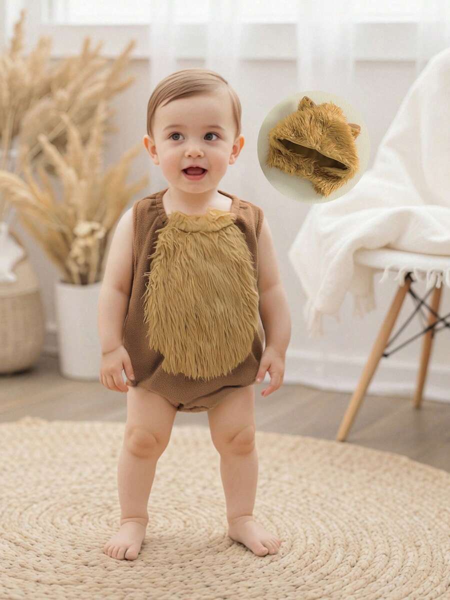 Disfraz de lobo de Halloween para bebé, mono de peluche con cuello redondo, sin mangas y retazos, con gorro, 2 piezas - Caqui - Ver 1