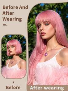 7片/套 24英寸直发夹式接发片，合成全头假发片，女士适用，粉色 - 粉色 - 查看 7