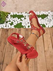 女士平底凉鞋，时尚波西米亚风格交叉复古装饰休闲凉鞋，复古图案轻便舒适户外休闲百搭凉鞋