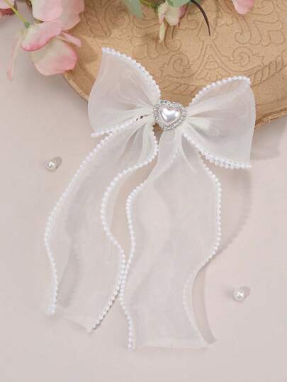 1PC White Tulle Bow Hair Clip For Girls, Elegant Long-Tailed Solid Color Hairpin For Wedding, Party And Vacation, Girls' Exquisite Heart-Shaped Decorative Hairgrip Accessories