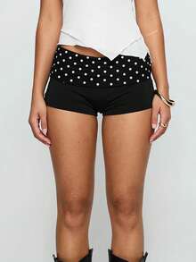 Polka Dot Fold Over Shorts For Women Y2k Cute Micro Shorts Fold Over Pajama BottomsFit Going Out Mini Short - màu đen - Xem 4