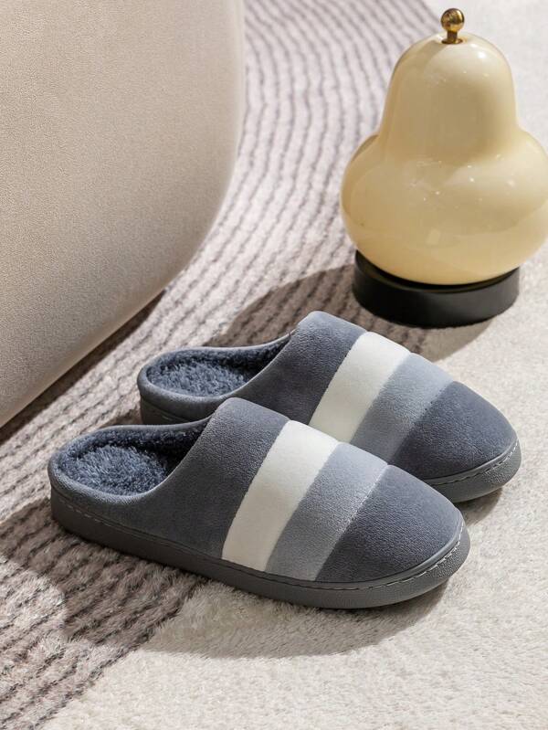 Pantuflas hombre de tela de felpa para otoño/invierno, con rayas tricolor, simple y cómoda, antideslizante y duradera, de suela gruesa y suave, tipo slip-on para usar en casa (se recomienda pedir una talla talla grande)