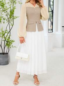 Women's Elegant Front Button Decor Chiffon Patchwork Blouse And Colorblock Pleated Midi Skirt Set