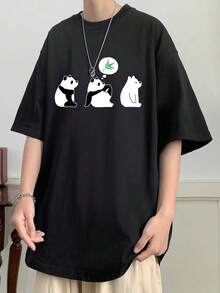 Men's Short Sleeve Large Size Panda Print Cotton Plain Loose Summer Five Quarter Sleeve Funny Breathable Thin Casual Fashion Short Sleeve Wide Fashionable Casual Suitable For Daily Wear - 黑色 - 查看 1