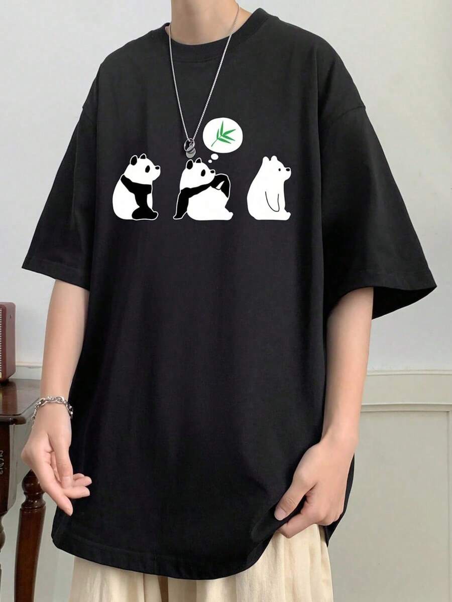 Men's Short Sleeve Large Size Panda Print Cotton Plain Loose Summer Five Quarter Sleeve Funny Breathable Thin Casual Fashion Short Sleeve Wide Fashionable Casual Suitable For Daily Wear - 黑色 - 查看 1