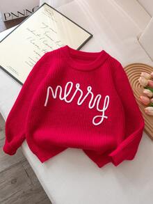 Girls' Cute Solid Color Letter Embroidery Knit Pullover Sweater, Suitable For Daily, Vacation, Spring, Autumn, Winter