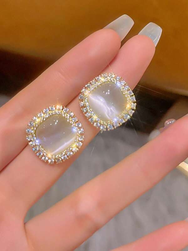 1 Paar geometrische Ohrringe mit Katzenauge Stein und Strass, elegant