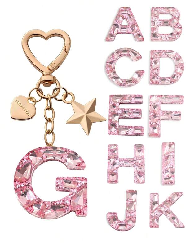 1pc Cute Bling Keychain Initial Letter Butterfly Star Pink Gift For Women Girls Bag Purse Handbags School Bag Car Key Cup Charms Accessories
